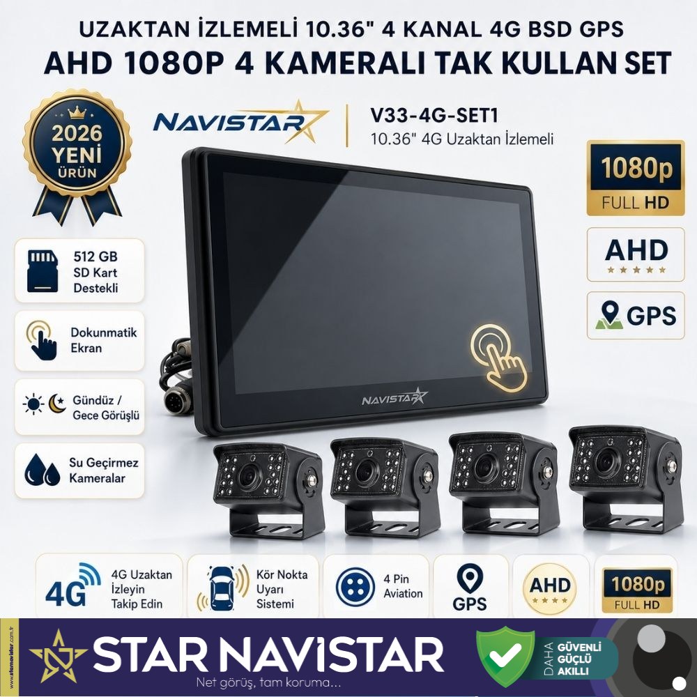 Uzaktan izlemeli 10.36 inç 4 Kanal 4G GPS BSD Kör Nokta Uyarı Sistemli Profesyonel Araç Kamera Seti