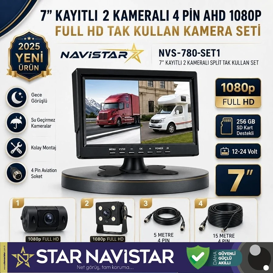 7 inç Kayıtlı 2 Kameralı 1080P Full HD Araç Güvenlik ve Geri Görüş Seti (12-24V)