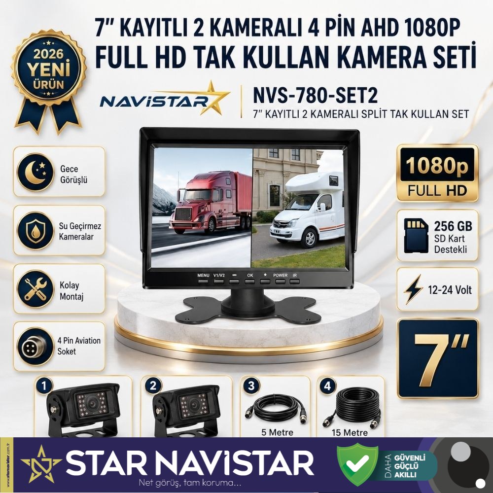 7 inç 2 Kameralı Kayıtlı 1080P Full HD Araç Güvenlik ve Geri Görüş Seti (12-24V)