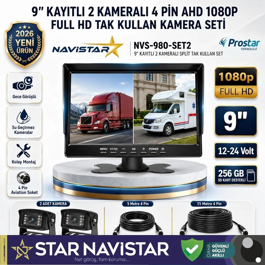 9 inç Kayıtlı Geniş Ekran 2 Kameralı 1080P Full HD Araç Güvenlik ve Geri Görüş Seti (12-24V)