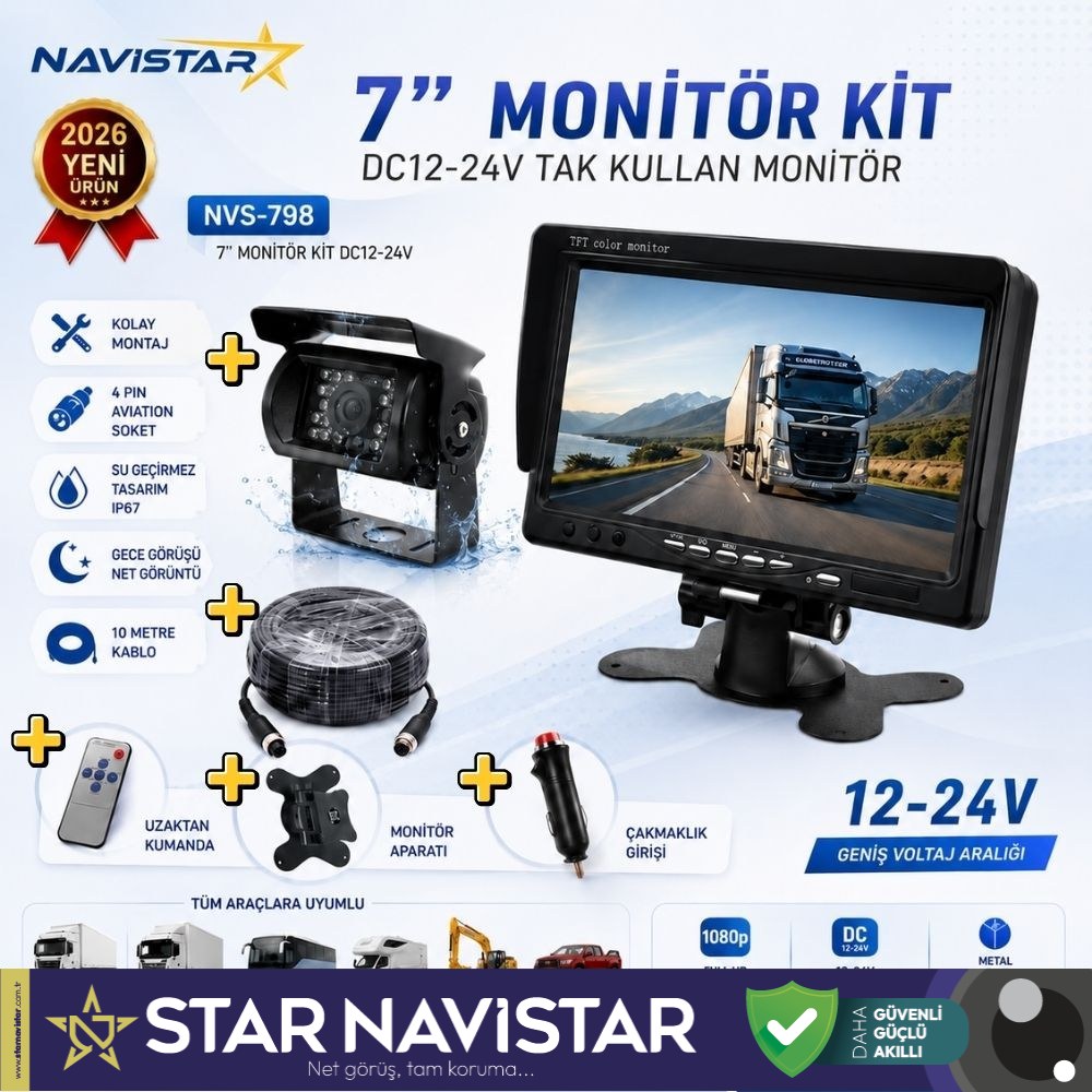 7 inç Monitör Gece Görüşlü Kameralı Araç Monitör ve Kamera Seti - 12-24V, 10 metre Kablolu Kit