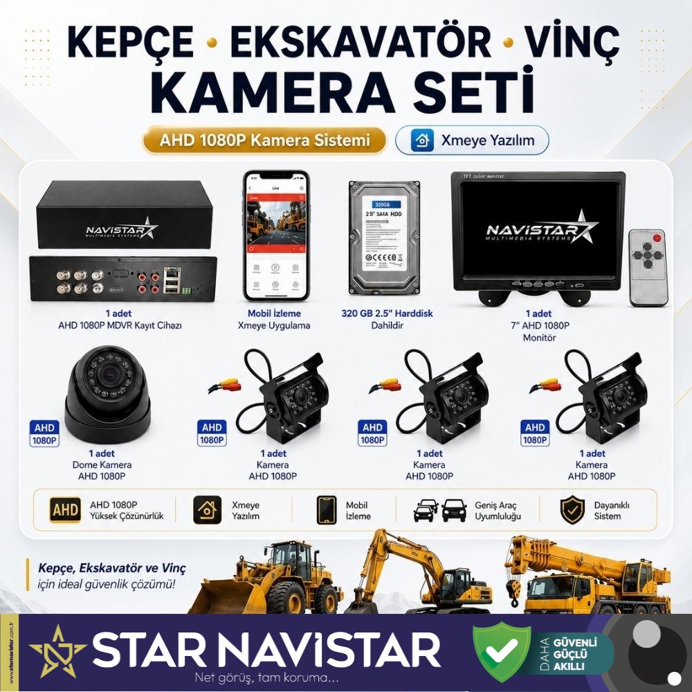 Ekskavatör Dozer Greyder Vinç Kepçe Uzaktan İzlemeli 4 Kameralı 320 Gb Harddisk Kamera Seti