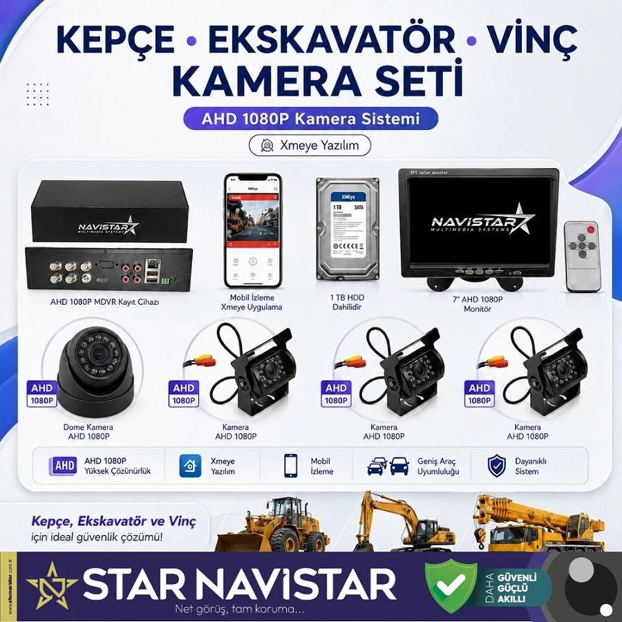 Uzaktan İzlemeli 4 Kameralı Ekskavatör Dozer Greyder Vinç Kepçe 1 Tb Harddisk Kamera Seti