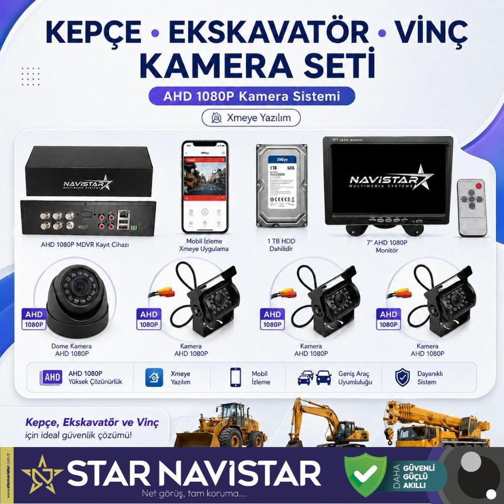 Uzaktan İzlemeli 4 Kameralı Ekskavatör Dozer Greyder Vinç Kepçe 1 Tb Harddisk Kamera Seti