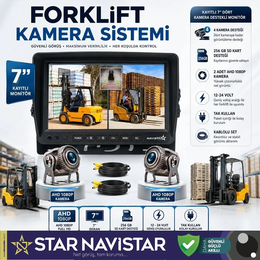 Forklift Kamera Sistemi Reach Truck 2 Kameralı 7 Inç Monitörlü Kayıtlı Kamera Seti