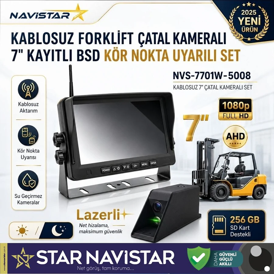 Kablosuz Lazerli Çatal Kameralı 7 inç Kayıtlı Forklift Kamera Sistemi Lazerli Kör Nokta Uyarılı 1080P Full HD Gece Görüşlü