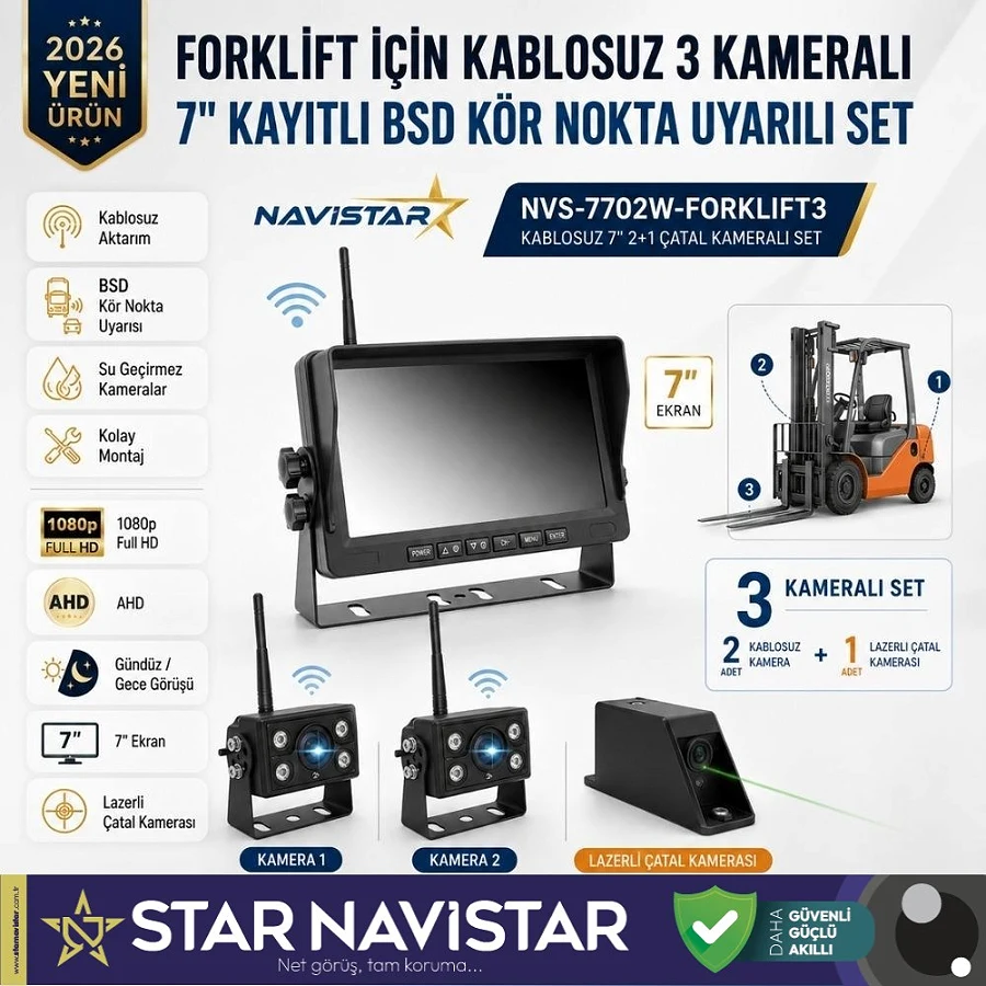 3 Kablosuz Kameralı Forklift Güvenlik Sistemi 7 inç AHD Ekran 2+1 Çatal Kamera Lazerli Kör Nokta Uyarılı 1080P Full HD Set