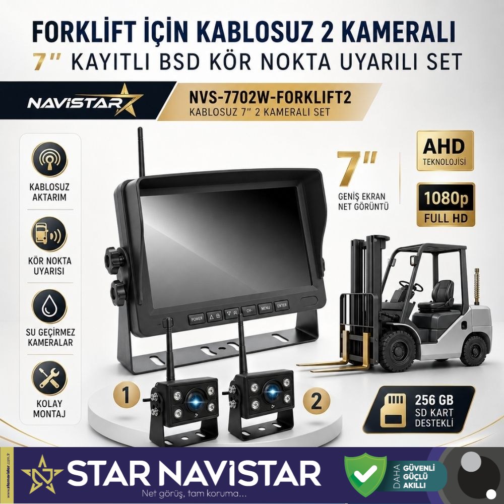 2 Kablosuz Kameralı Forklift Güvenlik Sistemi 7 inç AHD Ekran Kör Nokta Uyarılı 1080P Full HD Set