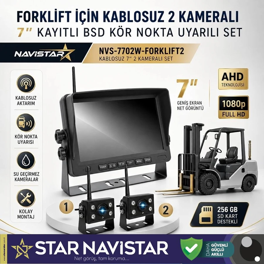 2 Kablosuz Kameralı Forklift Güvenlik Sistemi 7 inç AHD Ekran Kör Nokta Uyarılı 1080P Full HD Set
