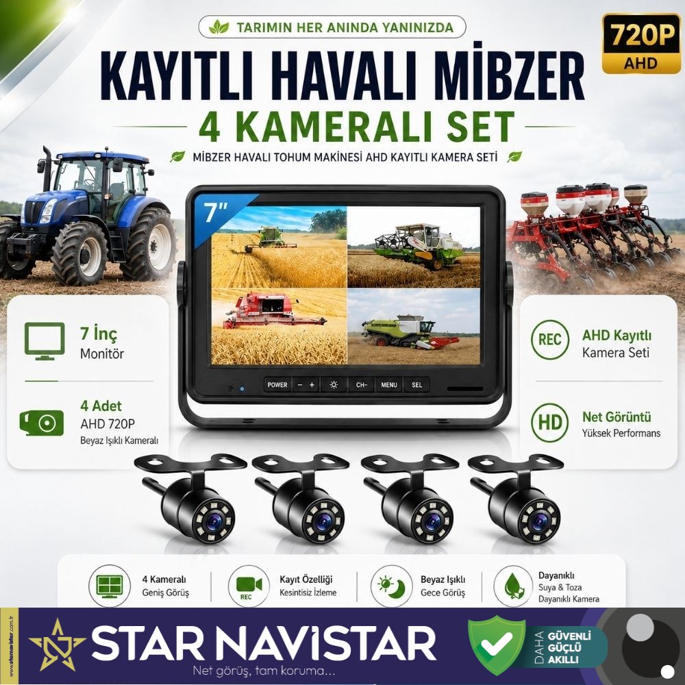 Kayıtlı Ahd Mibzer Havalı Tohum Makinesi 4 Kameralı 7 Inç Monitörlü 720P Araç Seti