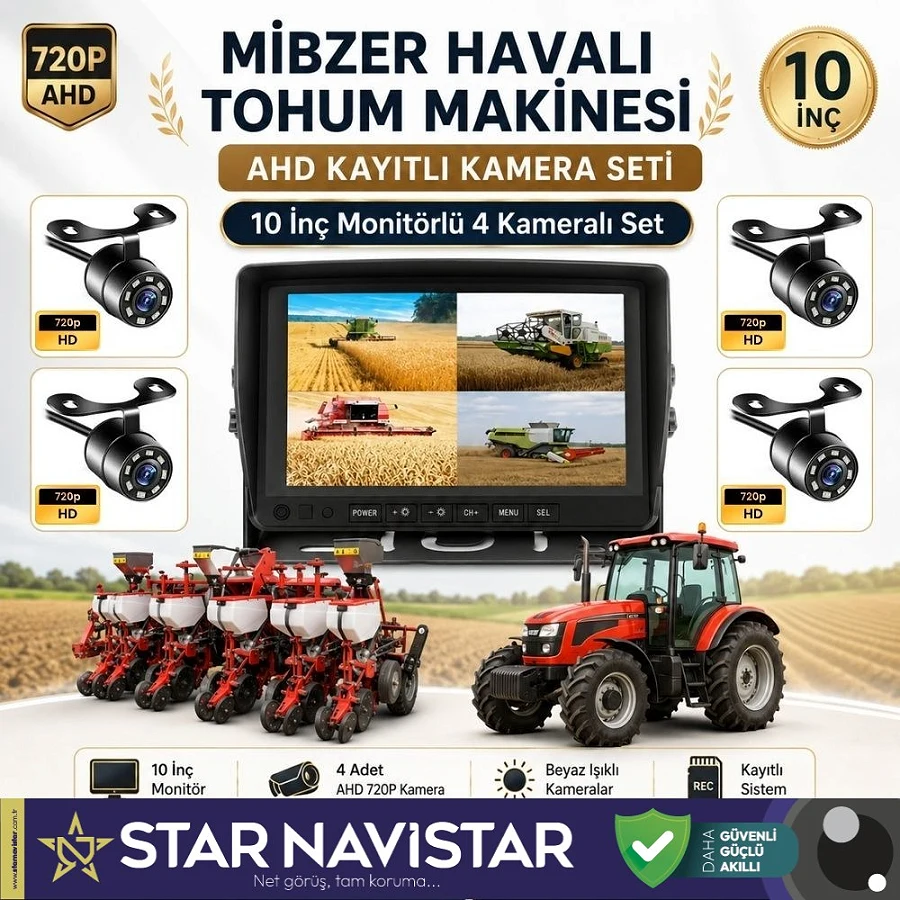 10 inç Monitör 4 Kameralı Mibzer Havalı Tohum Makinesi AHD Kayıtlı Kamera Seti