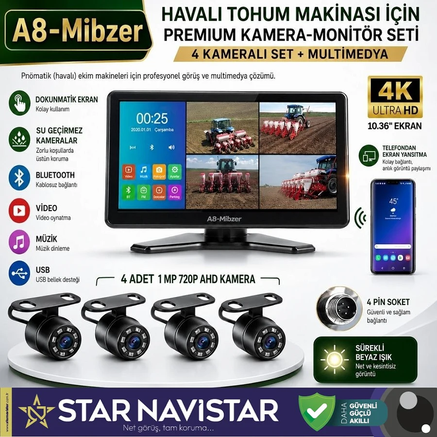 Mibzer için 10.36" Dokunmatik Ekranlı 4 Kameralı AHD 720P Beyaz Işık Kameralı Havalı Kamera Seti