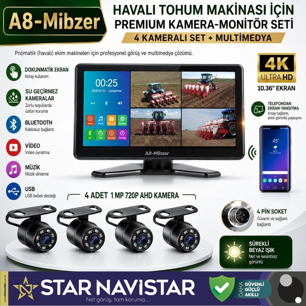 Mibzer için 10.36" Dokunmatik Ekranlı 4 Kameralı AHD 720P Beyaz Işık Kameralı Havalı Kamera Seti
