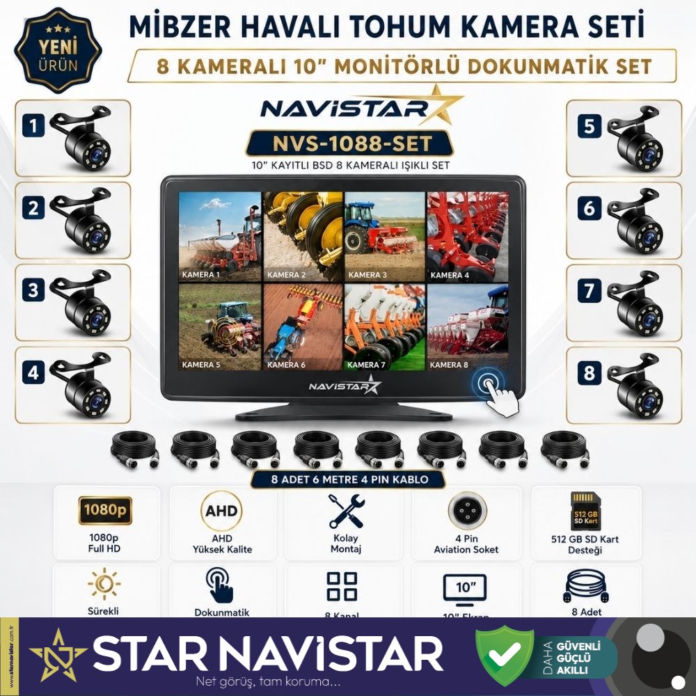 8 Kameralı 10 inç Dokunmatik Mibzer Tohum Seti AHD Işıklı Kameralı Tak Kullan Set
