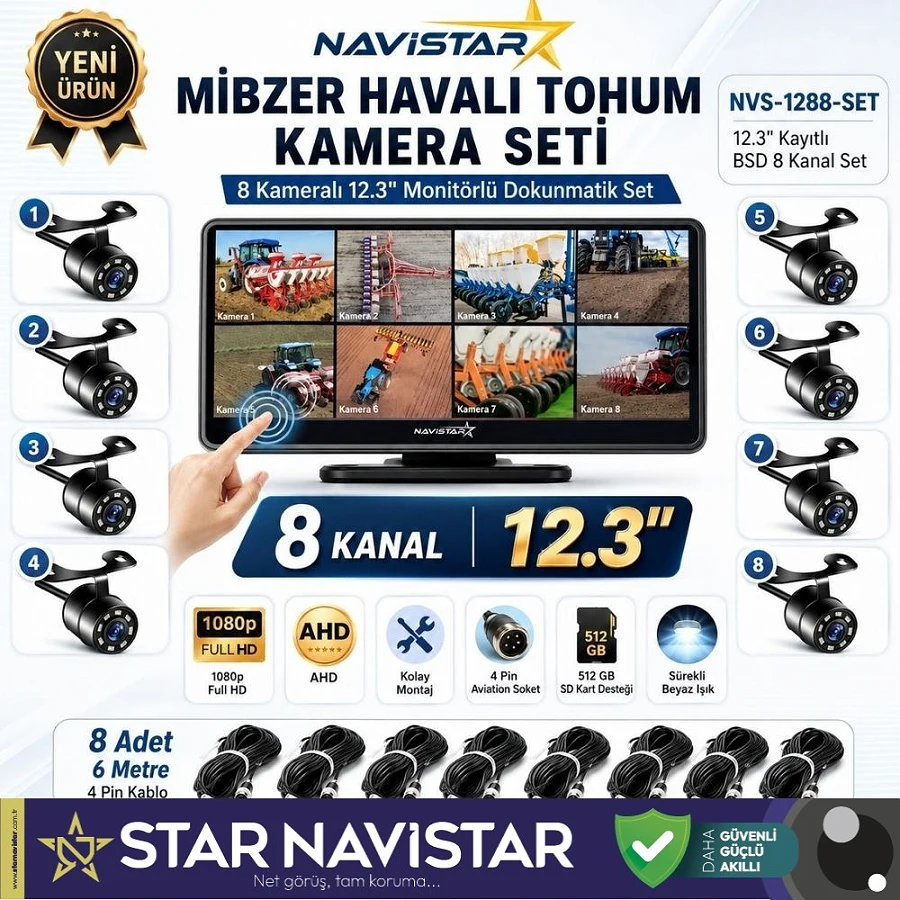 12.3 inç Dokunmatik 8 Kameralı Mibzer Tohum Seti AHD Işıklı Kameralı Tak Kullan Set