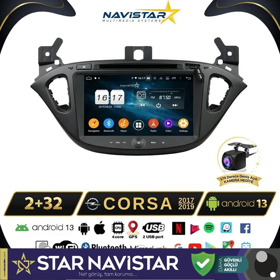 Opel Corsa 2017-2019 Model 2+64GB Android 13 Kablosuz Carplay Navigasyon Multimedya Sistemi
