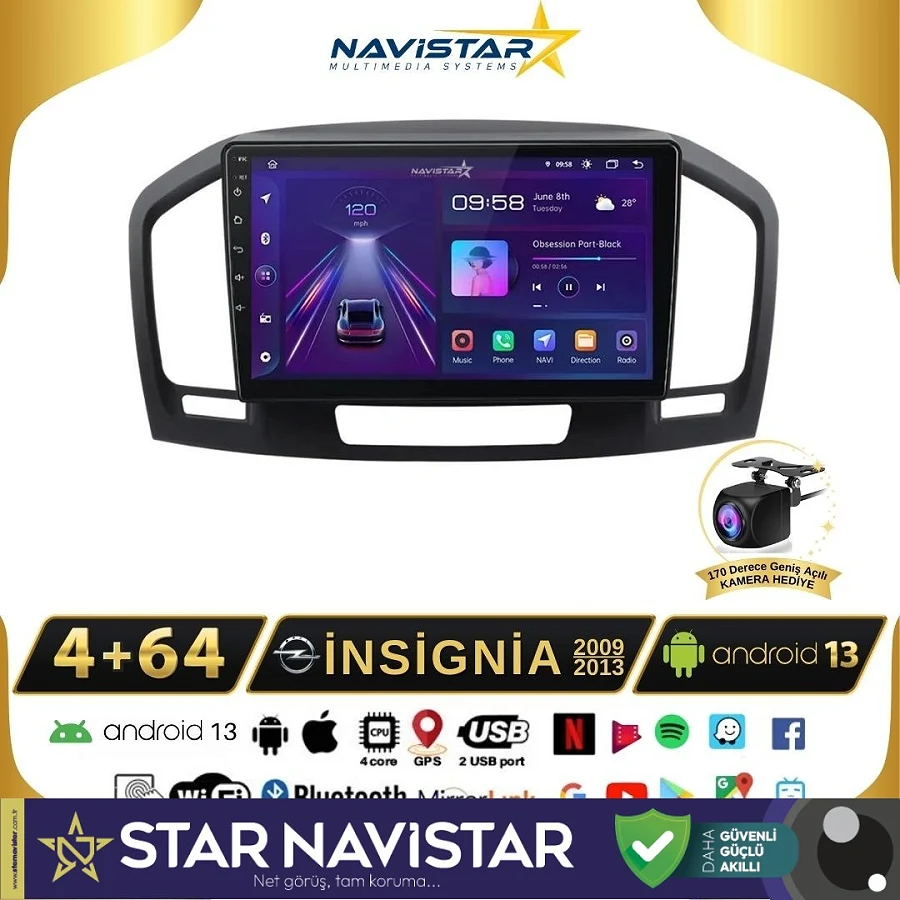 Opel İnsignia 2009-2013 Model 4+64 GB Android 13 Kablosuz Carplay Navigasyon Multimedya Sistemi