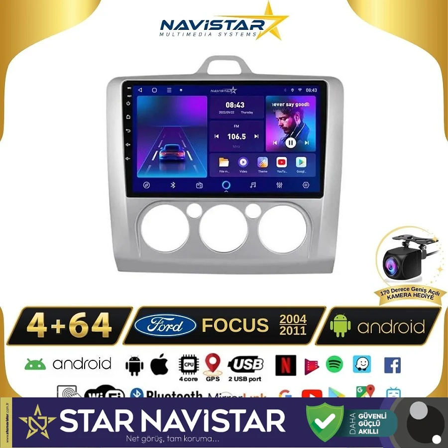 Ford Focus 2 Manuel Klima 4GB + 64GB Kablosuz Carplay Android 13 Navigasyon Multimedya Sistemi