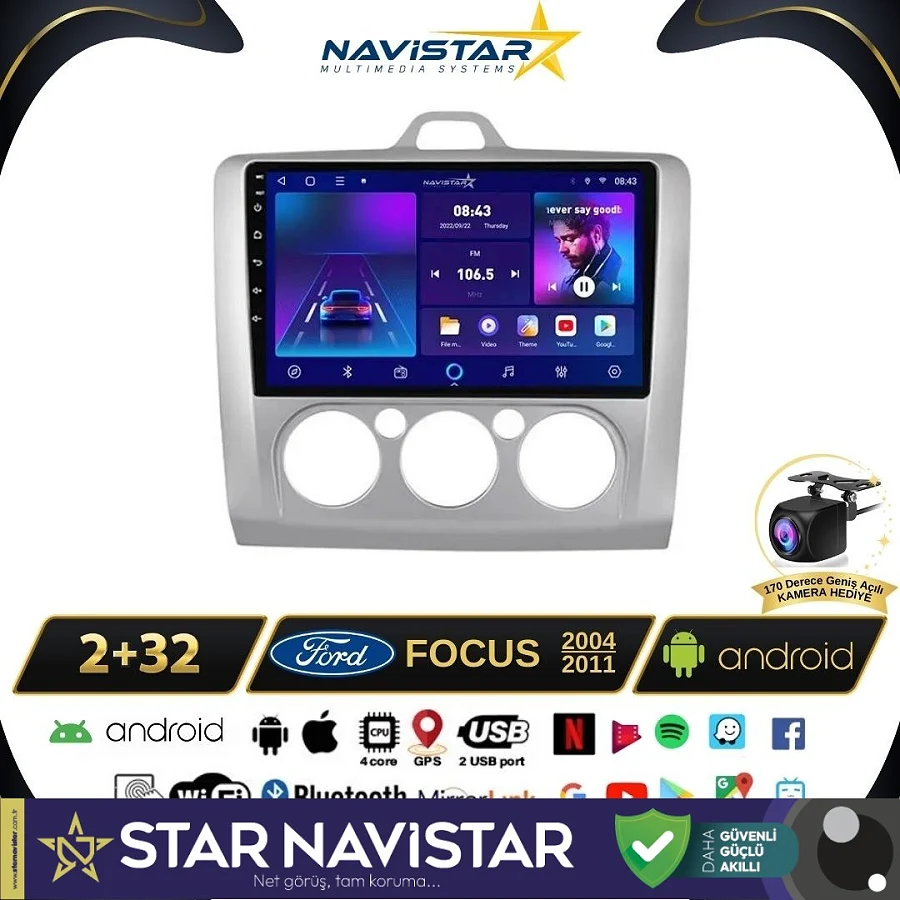 Ford Focus 2 Manuel Klima 2+64GB Kablosuz Carplay Android 13 Navigasyon Multimedya Sistemi