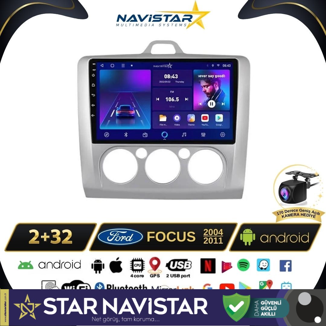 Ford Focus 2 Manuel Klima 2+64GB Kablosuz Carplay Android 13 Navigasyon Multimedya Sistemi