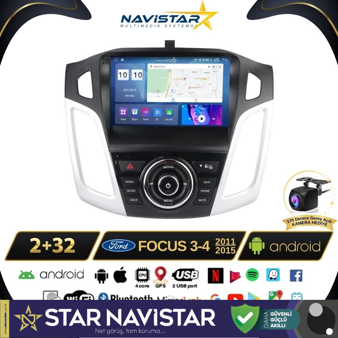 Ford Focus 34 2+64GB Kablosuz Carplay 2011-2015 Android 13 Navigasyon Multimedya Sistemi
