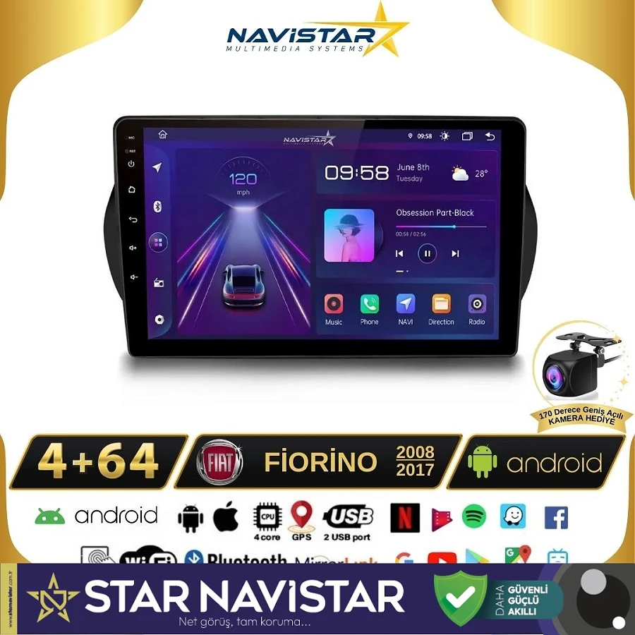 Fiat Fiorino 4GB + 64GB Kablosuz Carplay 2008-2017 Android 13 Navigasyon Multimedya Sistemi