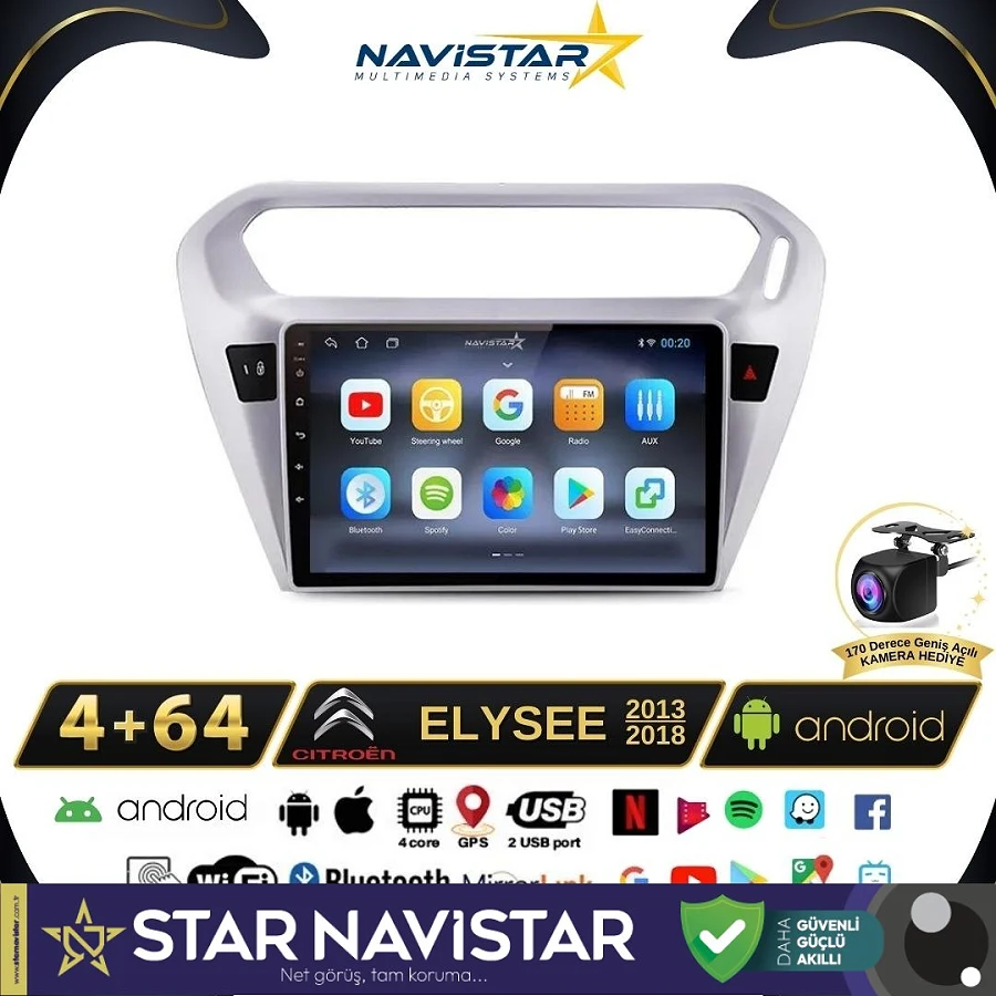 Citroen Elysee 2+64GB Kablosuz Carplay 2013-2018 Android 13 Navigasyon Multimedya Sistemi