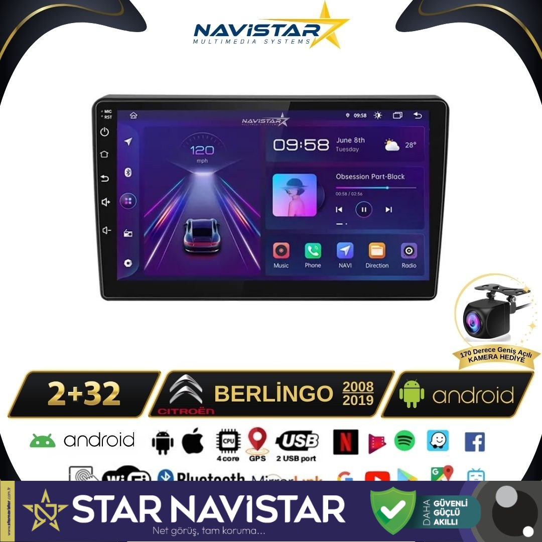 Citroen Berlingo 2008-2019 Model 2GB + 64GB Android 13 Kablosuz Carplay Navigasyon Multimedya Sistemi