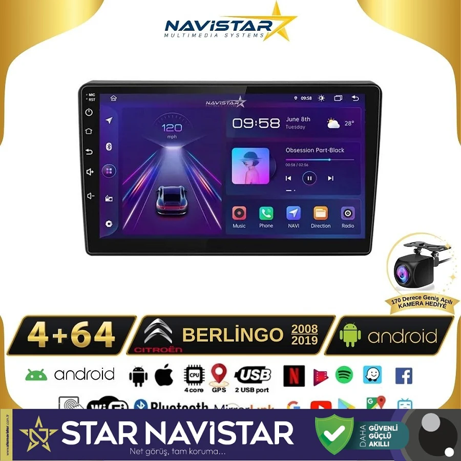 Citroen Berlingo 2008-2019 Model 4GB + 64GB Android 13 Kablosuz Carplay Navigasyon Multimedya Sistemi