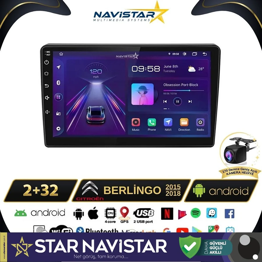 Citroen Berlingo 2015-2018 Model 2GB + 64GB Android 13 Kablosuz Carplay Navigasyon Multimedya Sistemi