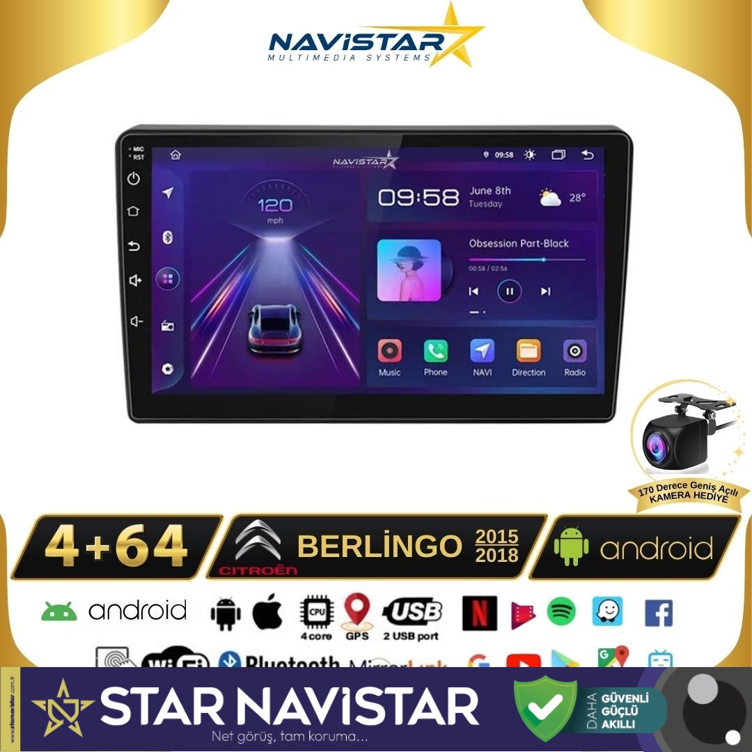 Citroen Berlingo 2015-2018 Model 4GB + 64GB Android 13 Kablosuz Carplay Navigasyon Multimedya Sistemi