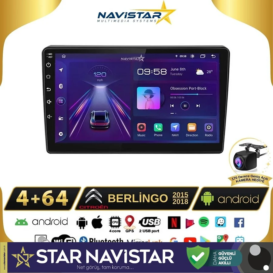 Citroen Berlingo 2015-2018 Model 4GB + 64GB Android 13 Kablosuz Carplay Navigasyon Multimedya Sistemi