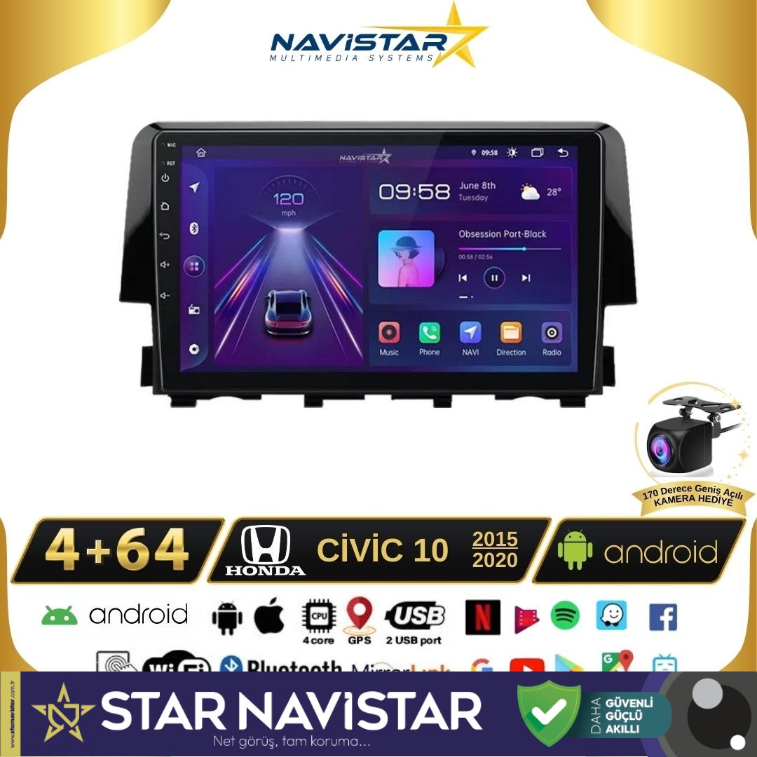 Honda Civic Kablosuz Carplay 4GB + 64GB Android 13 2015-2020 Navigasyon Multimedya Sistemi
