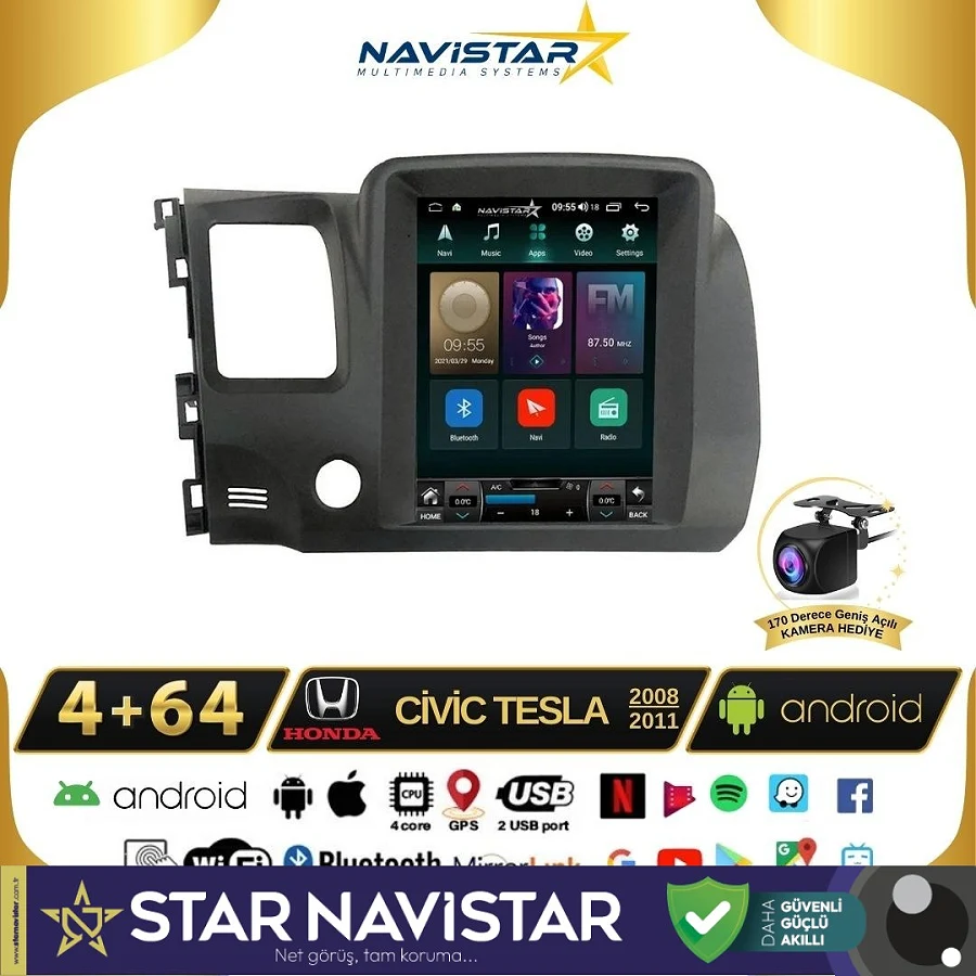 Honda Civic 2005-2012 Tesla Model 4GB + 64GB Kablosuz Carplay Navigasyon Qled Multimedya Sistemi