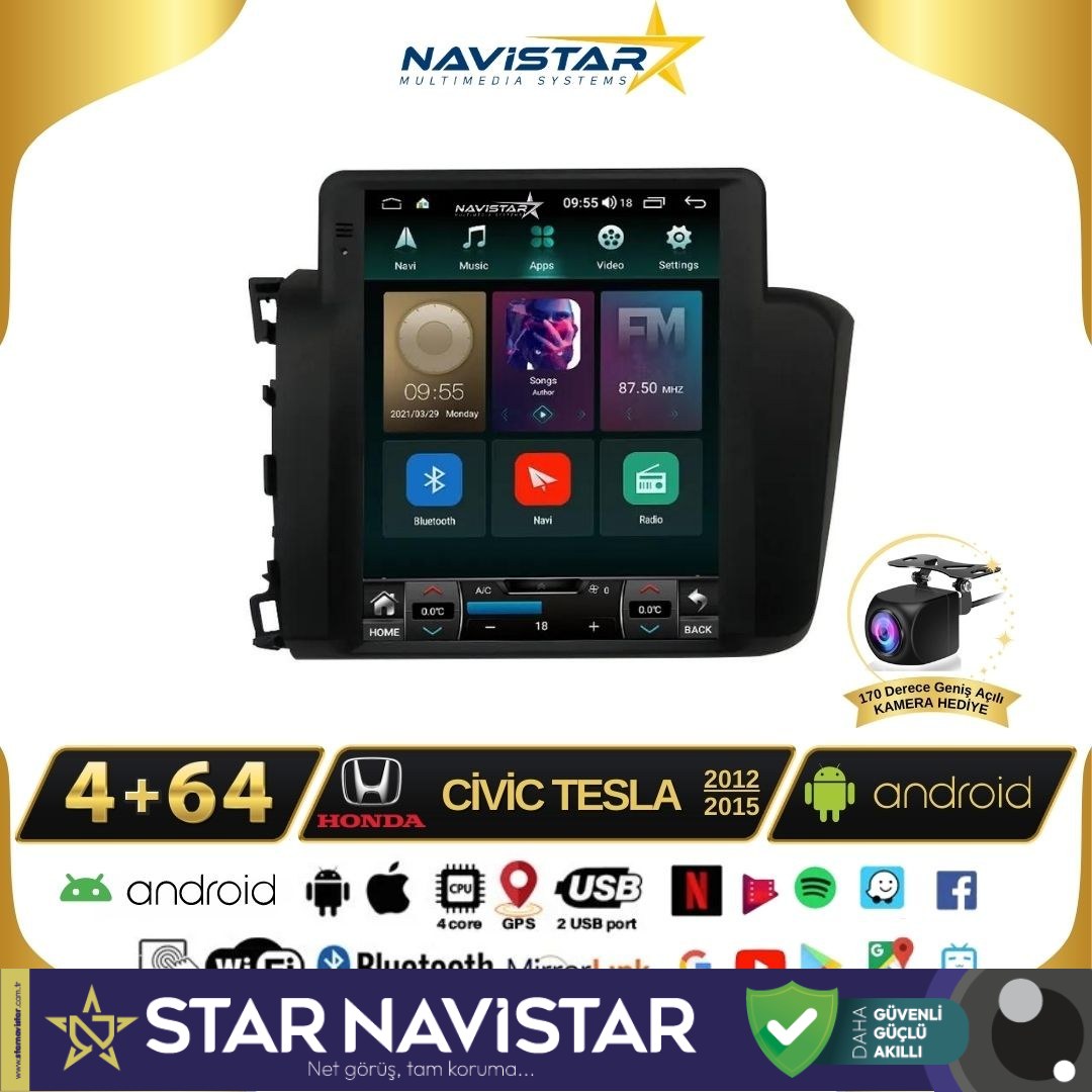 Honda Civic Tesla 4GB + 64GB 2012-2015 Model Kablosuz Carplay Navigasyon Qled Multimedya Sistemi