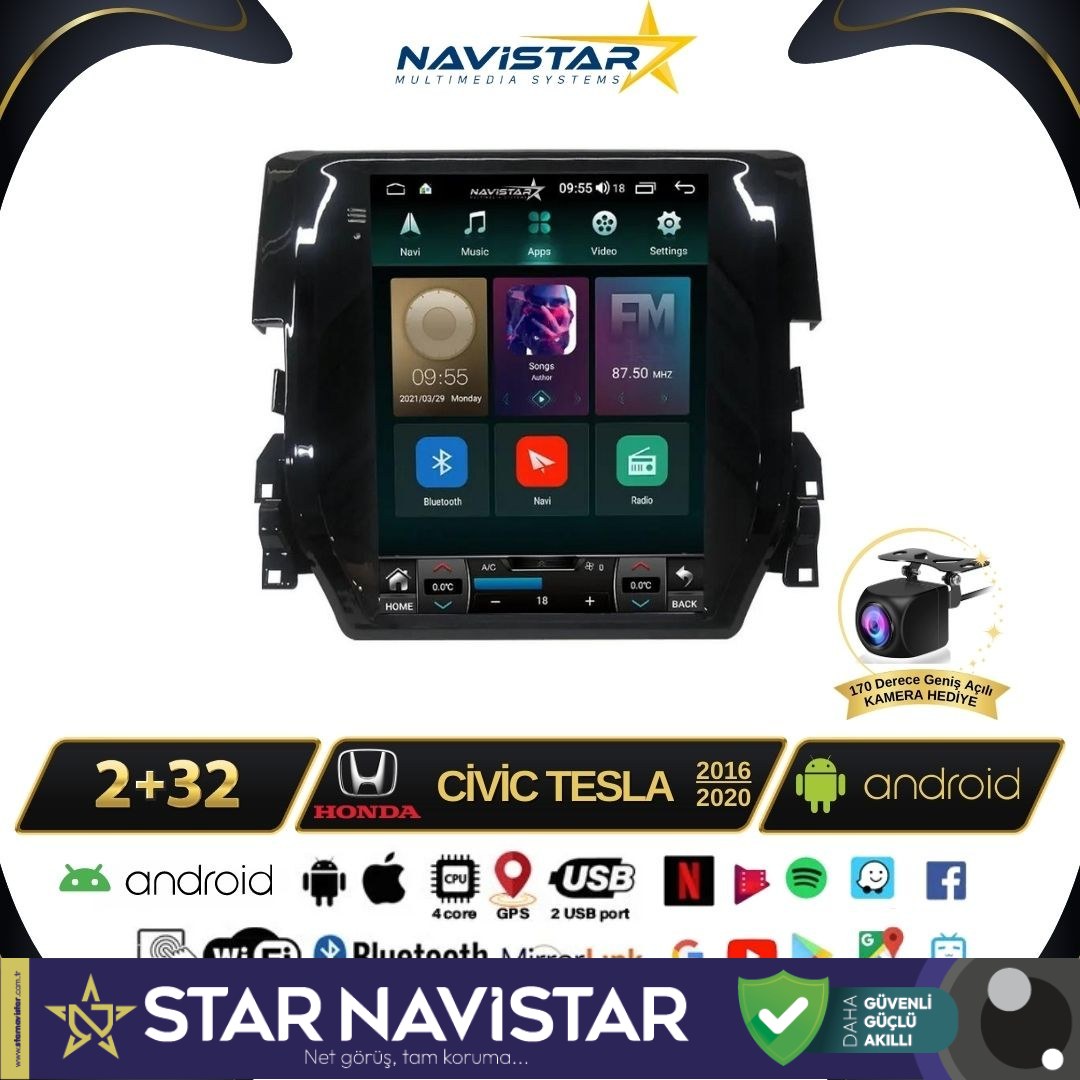 Honda Civic Tesla 2016-2020 Model 2GB + 32GB Kablosuz Carplay Navigasyon Multimedya Sistemi