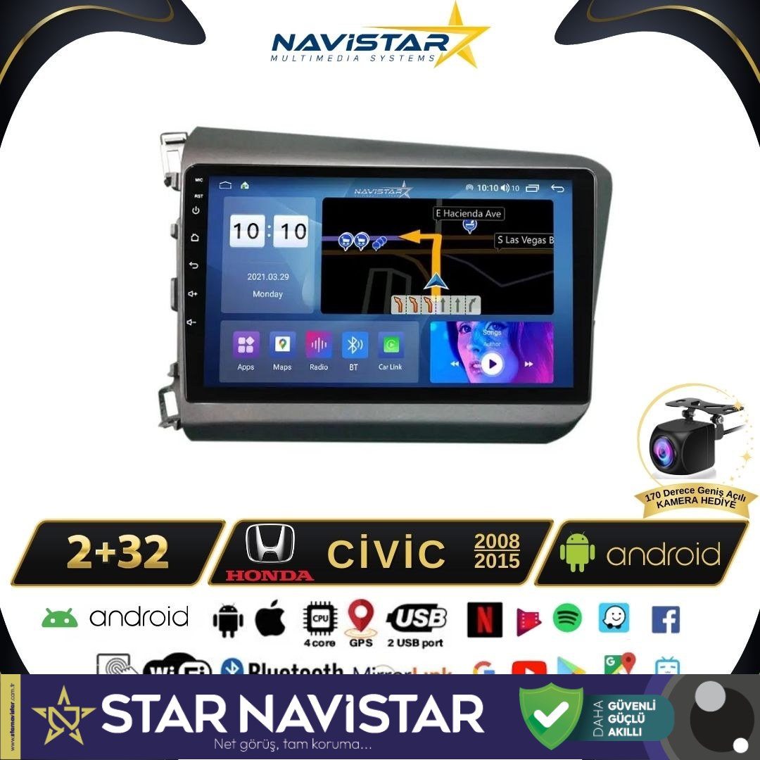 Honda Civic  2008-2015 Model 2GB + 64GB Android 13 Kablosuz Carplay Navigasyon Multimedya Sistemi