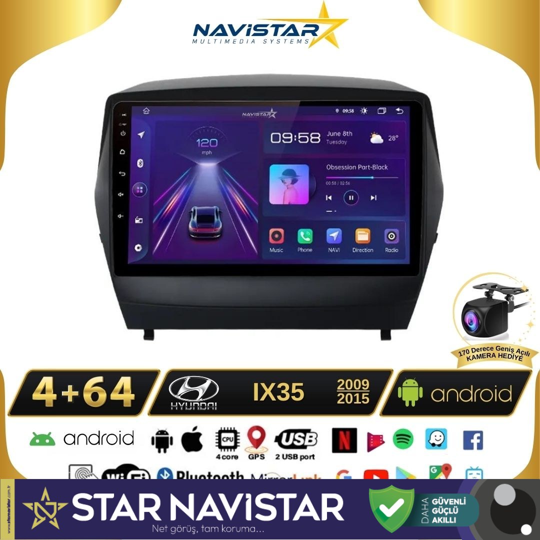 Hyundai Ix35 Kablosuz Carplay 4GB + 64GB Android 13 Navigasyon Multimedya Sistemi 2009-2015