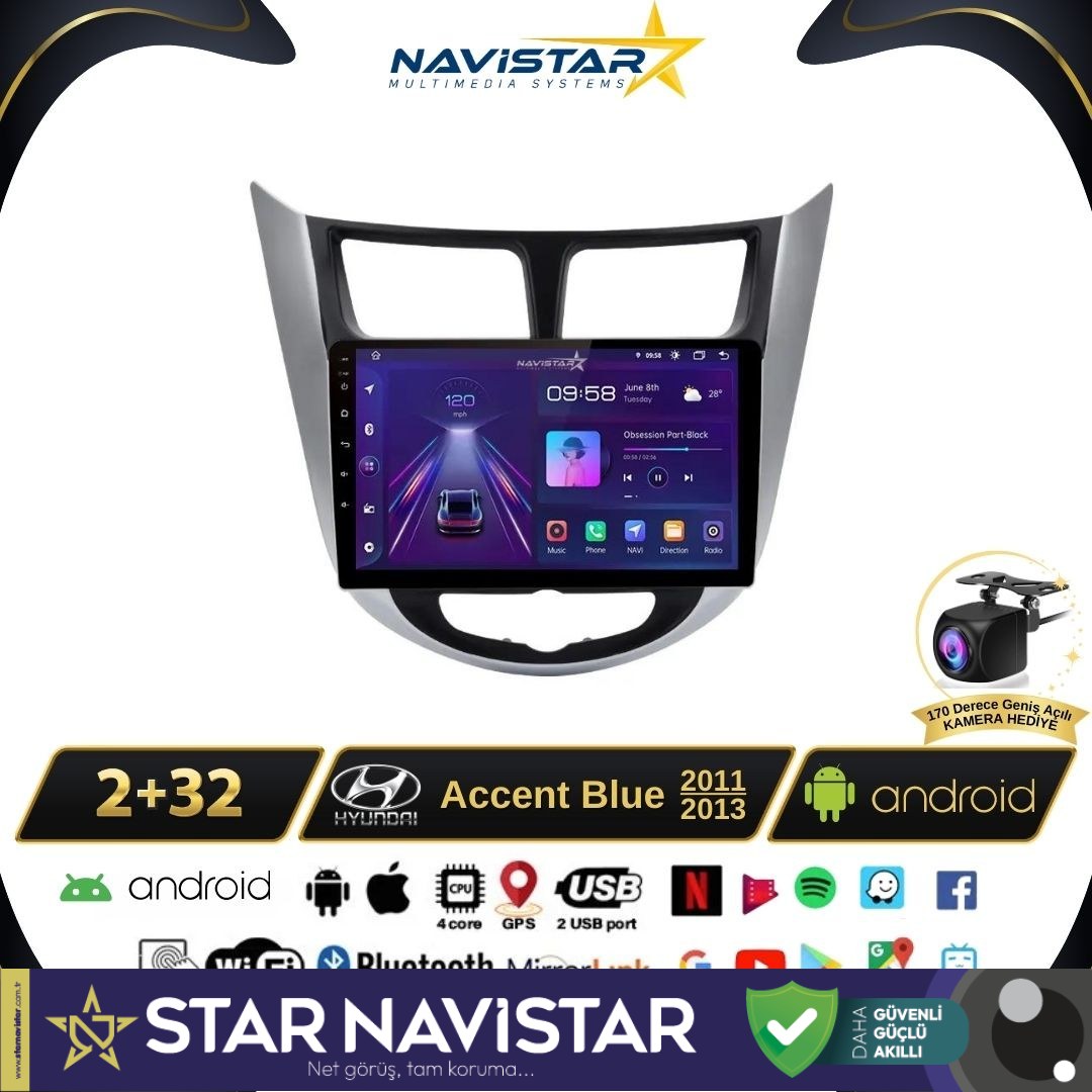 Hyundai  Accent Blue 2011-2013 Model 2+64GB Android 13 Kablosuz Carplay Navigasyon Multimedya Sistemi