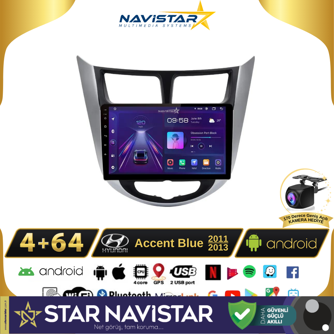 Hyundai  Accent Blue 2011-2013 Model 4GB + 64GB Android 13 Kablosuz Carplay Navigasyon Multimedya Sistemi