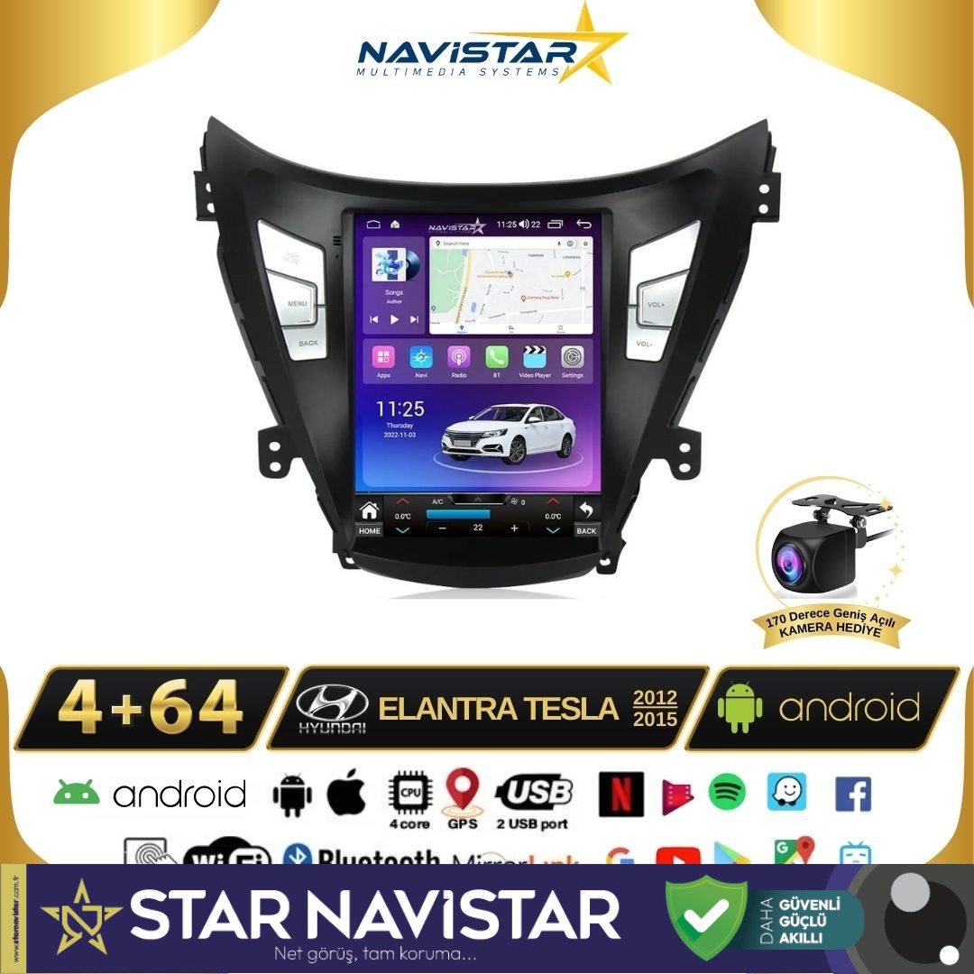 Hyundai Elantra Tesla 4GB + 64GB 2012-2015 Model Kablosuz Carplay Navigasyon Qled Multimedya Sistemi