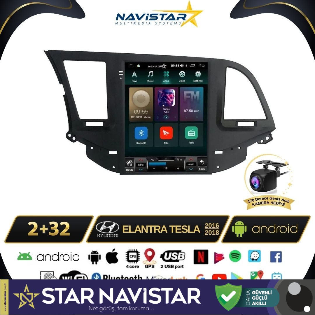 Hyundai Elantra Tesla 2016-2018 Model 2GB + 32GB Kablosuz Carplay Navigasyon Multimedya Sistemi
