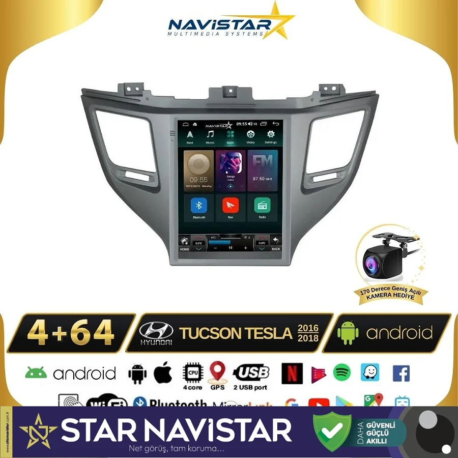 Hyundai Tucson Tesla 4GB + 64GB 2016-2018 Model Kablosuz Carplay Navigasyon Qled Multimedya Sistemi