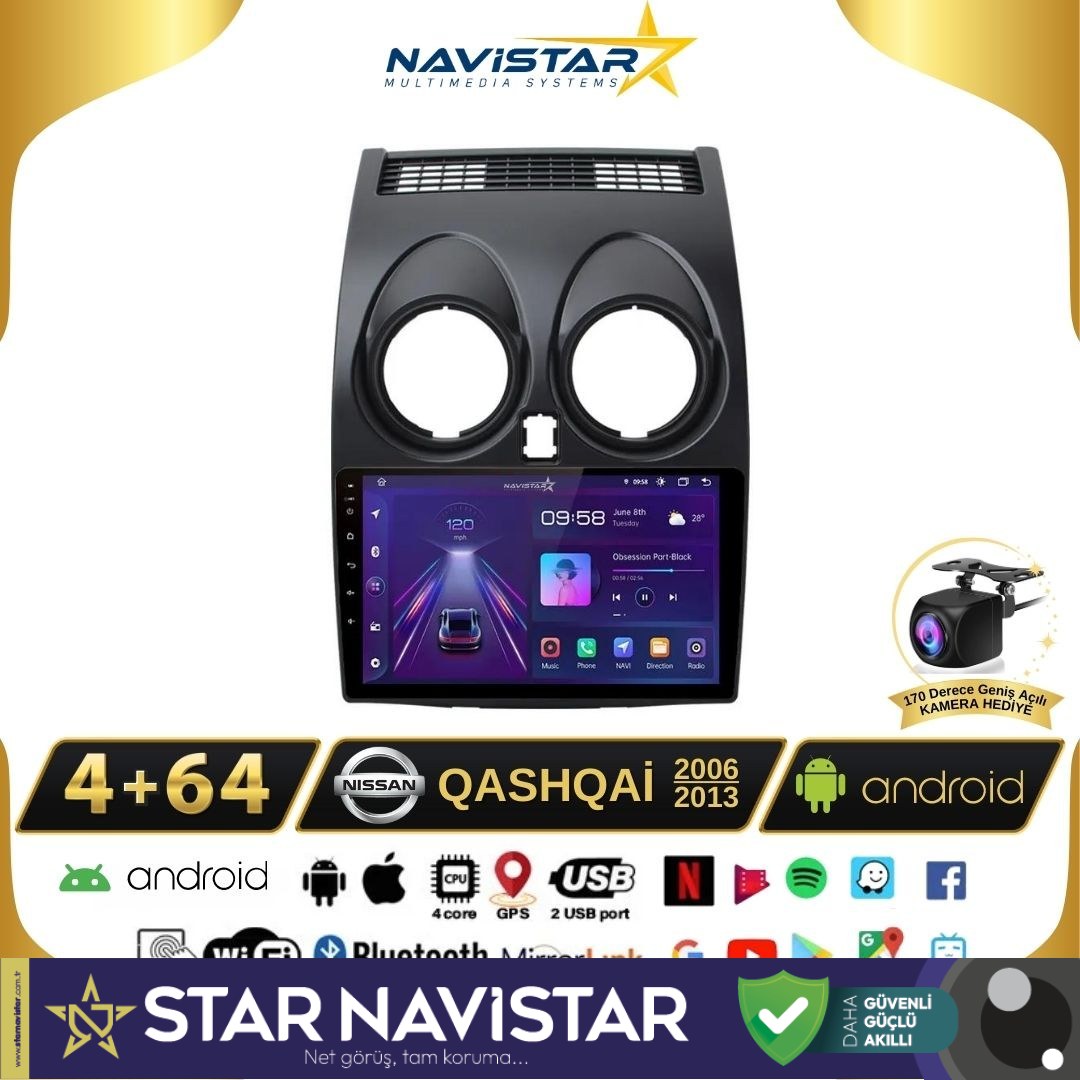 Nissan Qashqai Kablosuz Carplay 4GB + 64GB Android 13 2006-2013 Navigasyon Multimedya Sistemi