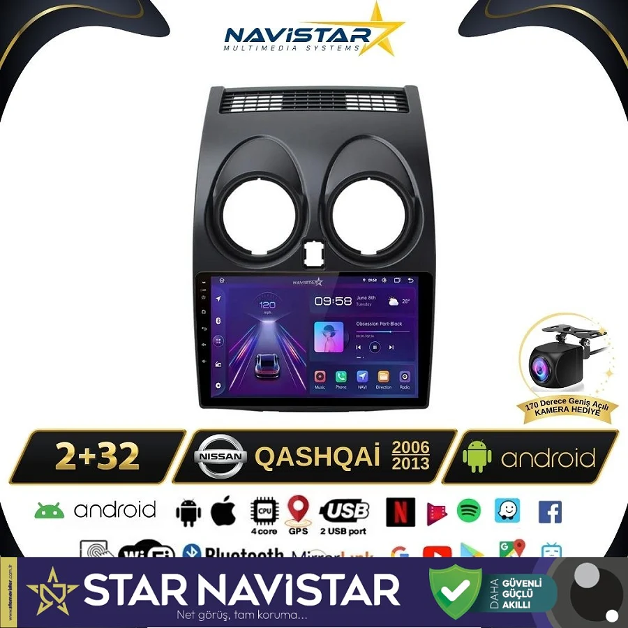 Nissan Qashqai 2+64GB Kablosuz Carplay  Android 13 2006-2013 Navigasyon Multimedya Sistemi