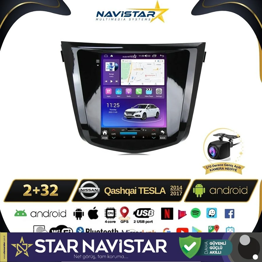 Nissan Qashqai Tesla 2014-2017 Model 2GB + 32GB Android 13 Kablosuz Carplay Navigasyon Multimedya Sistemi