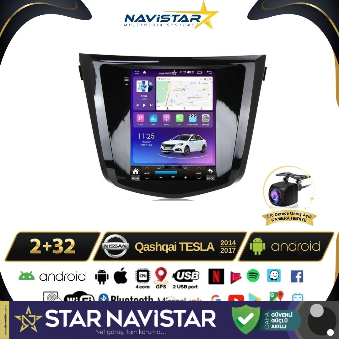 Nissan Qashqai Tesla 2014-2017 Model 2GB + 32GB Android 13 Kablosuz Carplay Navigasyon Multimedya Sistemi