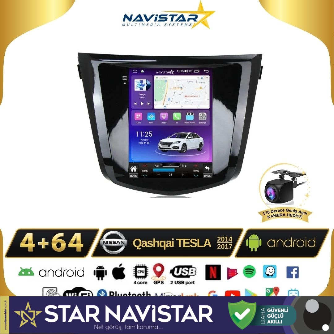 Nissan Qashqai Tesla 4GB + 64GB 2014-2017 Model Android 13 Kablosuz Carplay Navigasyon Multimedya Sistemi