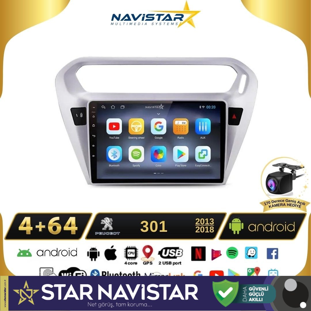 Peugeot 301 4GB + 64GB Kablosuz Carplay 2013-2018 Android 13 Navigasyon Multimedya Sistemi