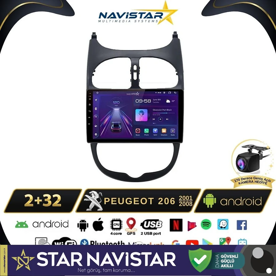 Peugeot 206  2001-2008 Model 2GB + 64GB Android 13 Kablosuz Carplay Navigasyon Multimedya Sistemi